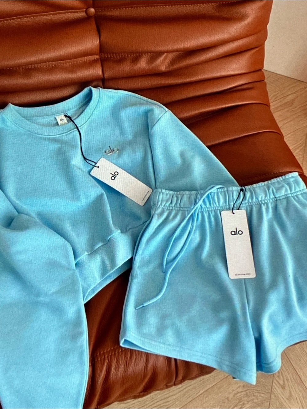 Alo Yoga Waffle Knit Long Sleeve Top & Shorts Set Sky Blue